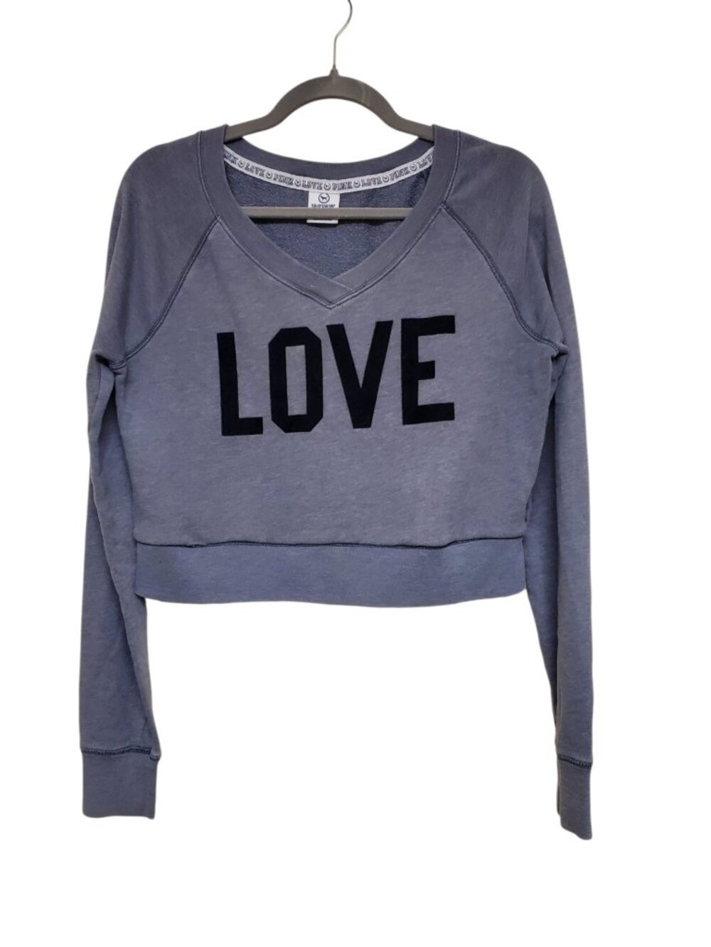PINK Victoria's Secret Women's Distressed Gray Black Flocked Cropped Sweatshirt